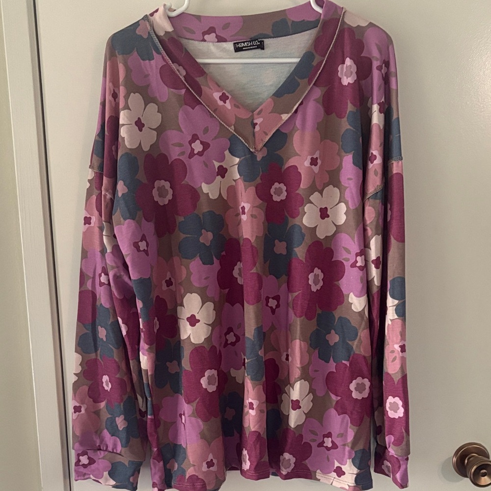 HEIMISH USA Floral V-Neck Top - Pink, Purple, Gray